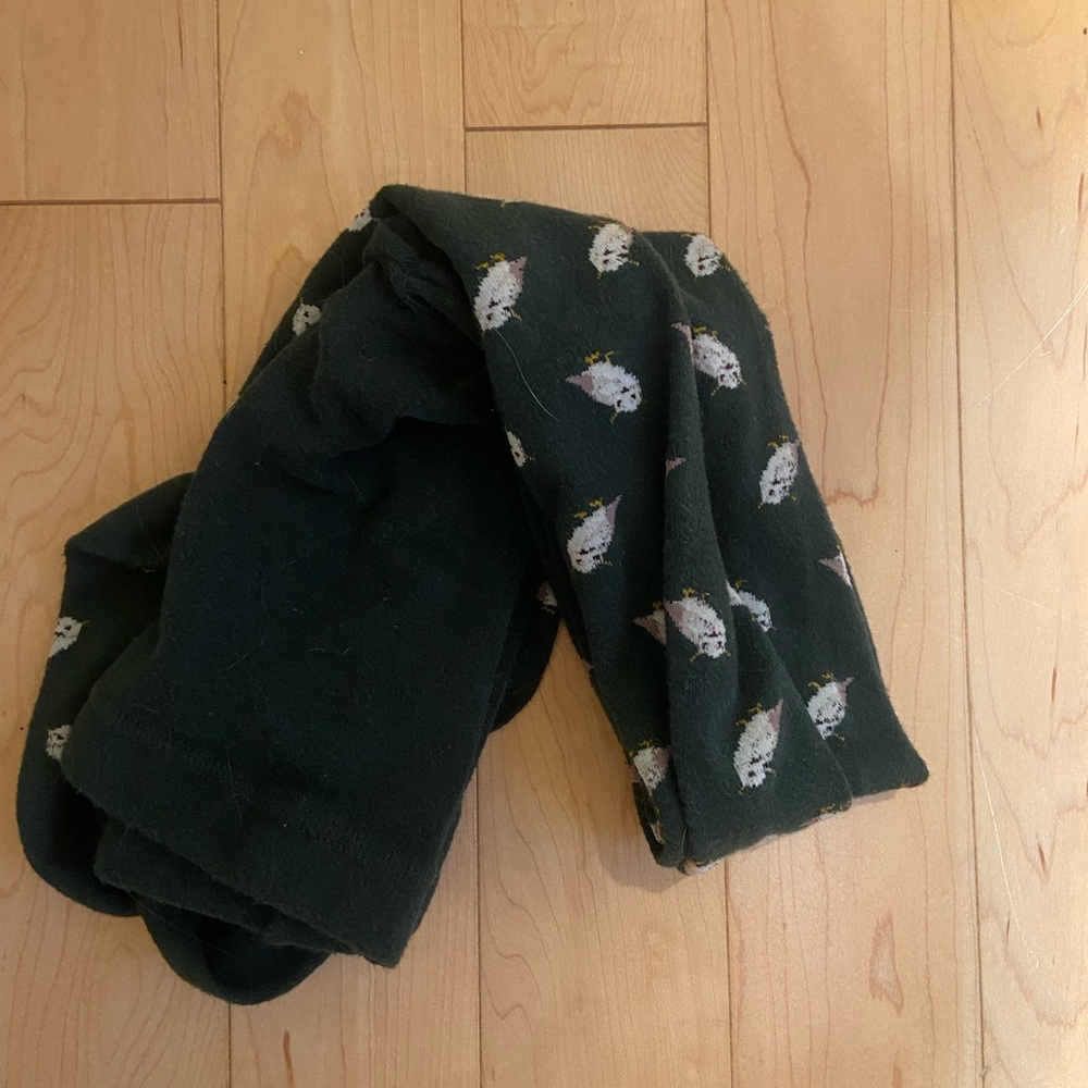 Dark Green Fleece tights with owls Print